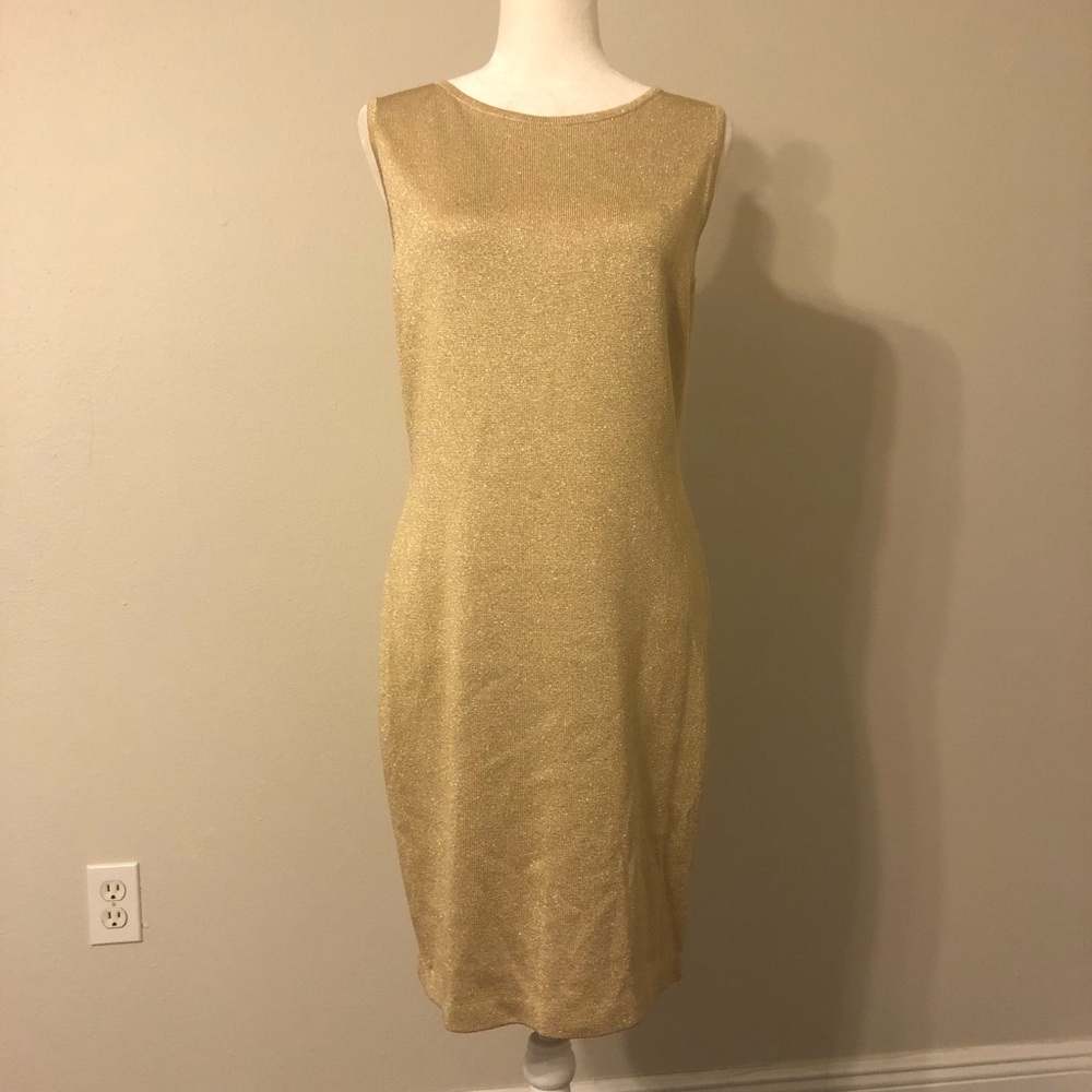 St. John Gold Shimmer Knit Sleeveless Dress
